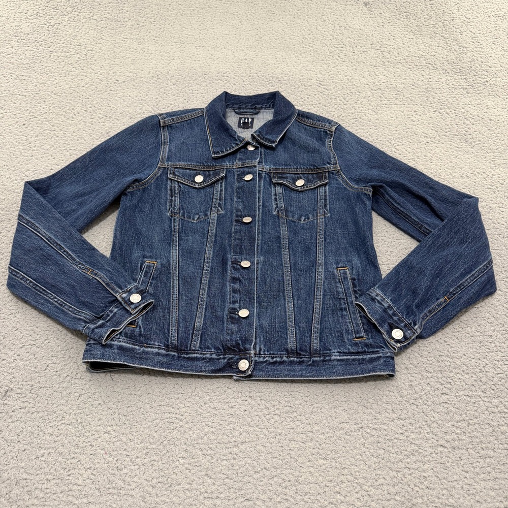 Gap Denim Jacket Womens Medium Tall Dark Wash Blue Cotton Button Up Trucker